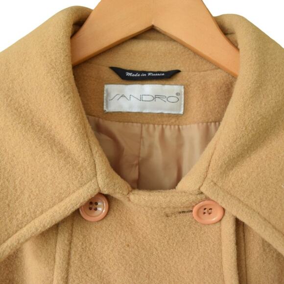 SANDRO Classic 100% Wool Mid Length Pea Coat in Camel Tan Size 10 - Picture 5 of 10